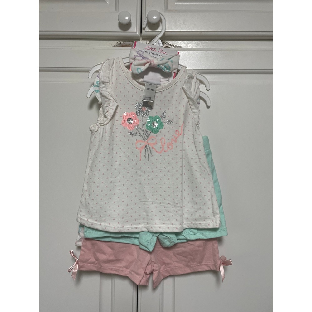 Little Lass Girls Outfit Set Size 5 Top & Shorts with Sequin Flowers Headband
